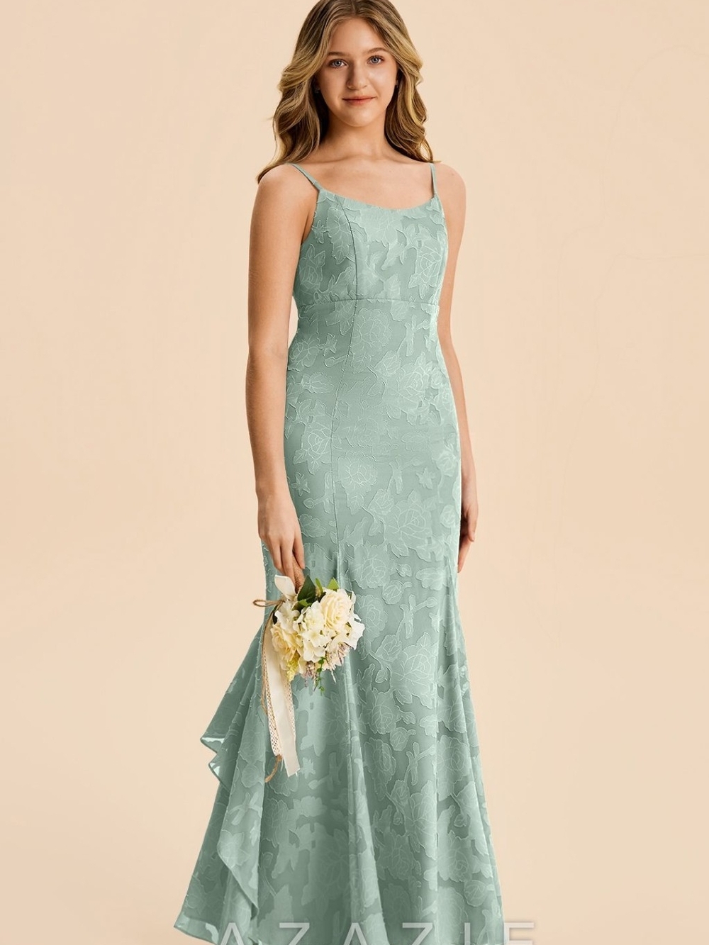 Azazie Sage Floral Lace Spaghetti Strap Mermaid Dress